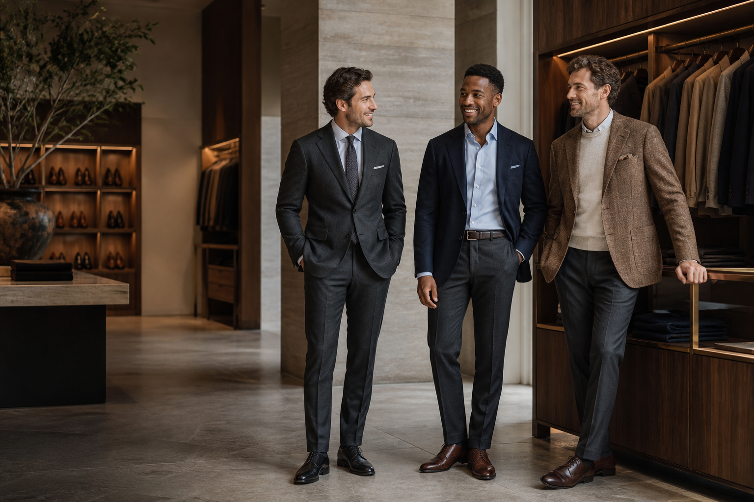 Three men in tailored menswear inside a bright, refined showroom