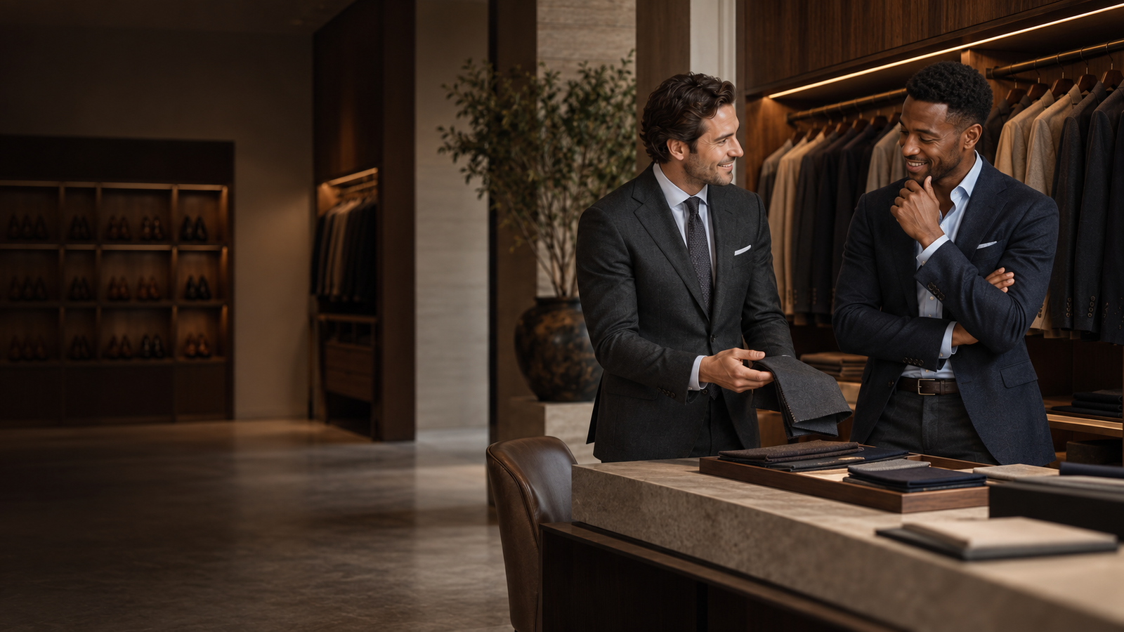 Menswear specialist and client having a friendly service conversation in a showroom