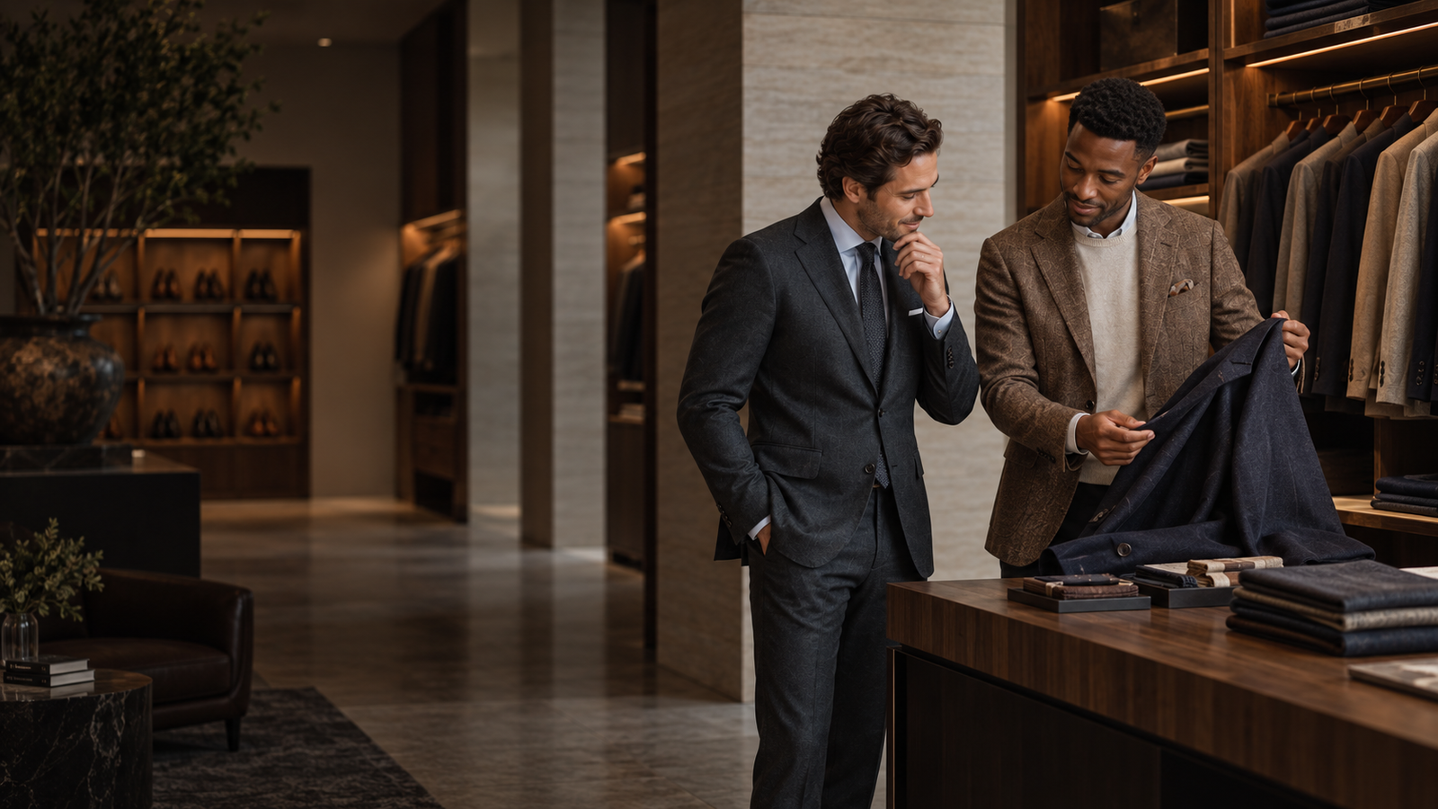 Menswear stylist and client reviewing a jacket in a premium showroom