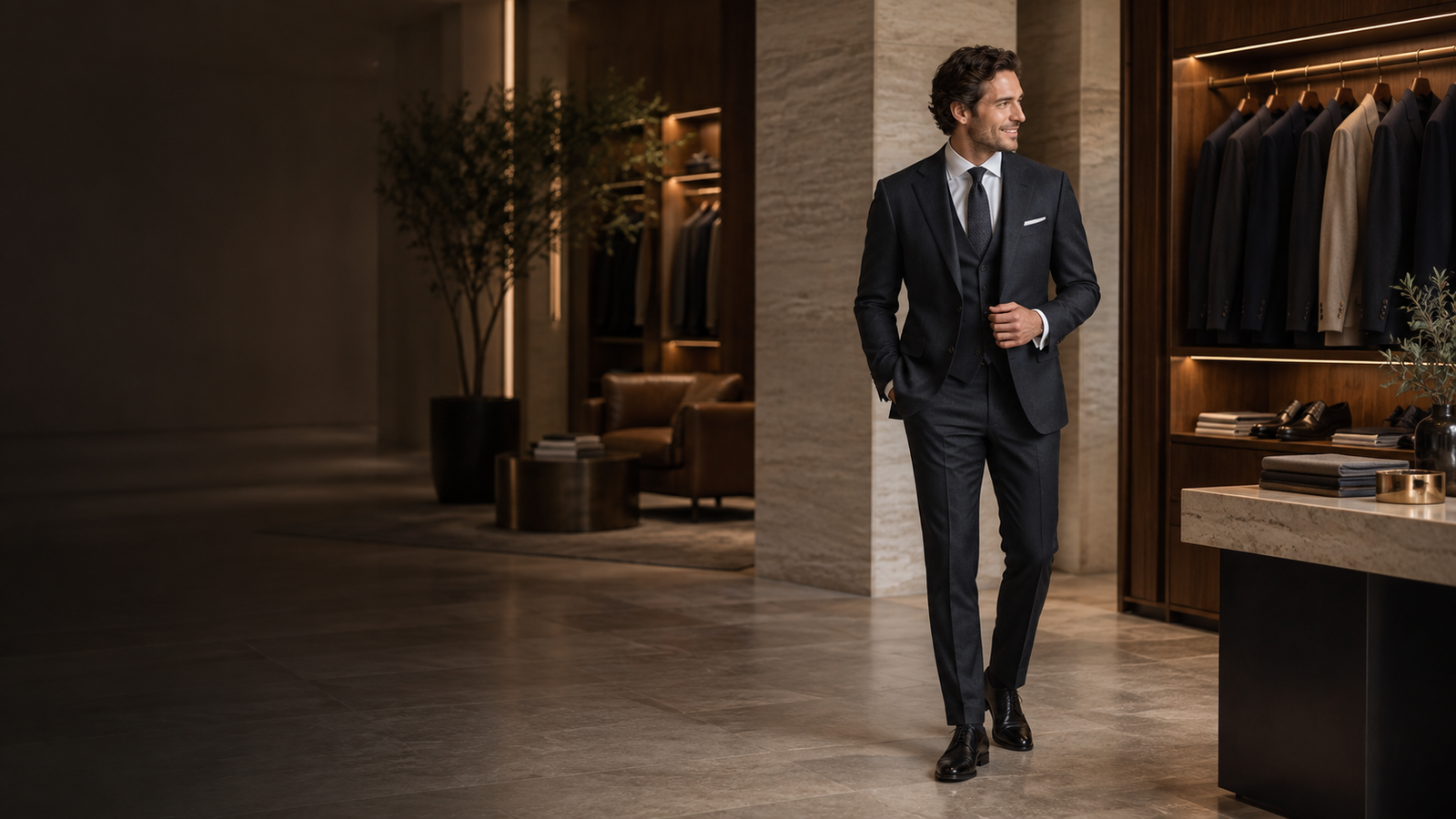 Man in a dark formal suit in an elegant menswear showroom