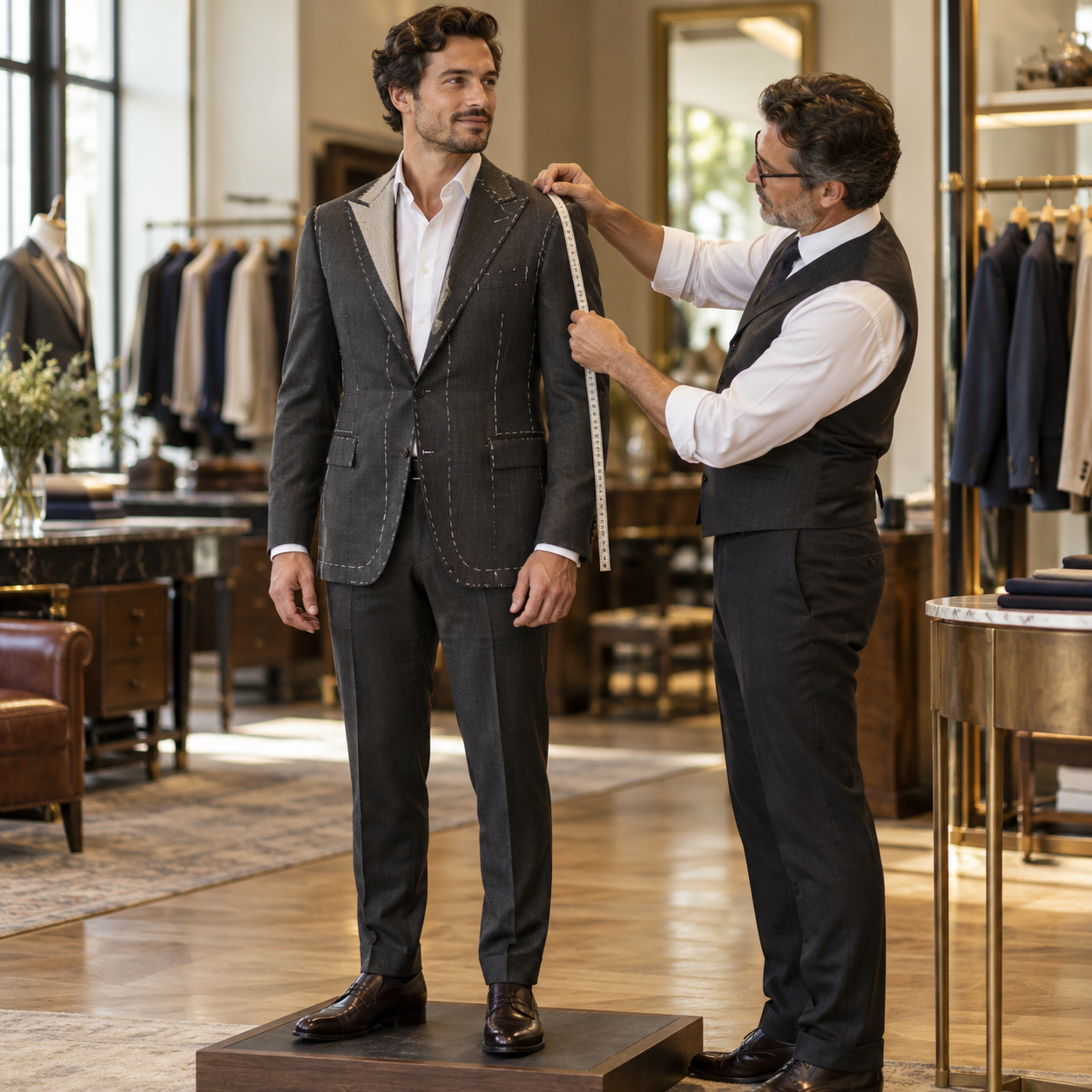 Tailor measuring a client in a charcoal suit inside a refined menswear showroom
