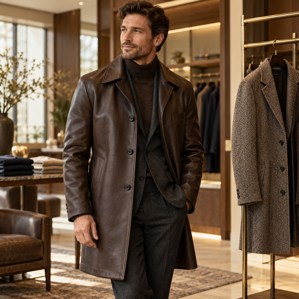 Client wearing a brown leather coat in a refined menswear showroom